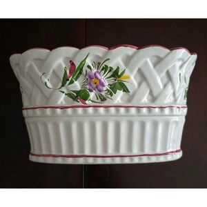 RC & CL Portugal Hand Painted Floral Basket Weave Ceramic Planter White 684-A